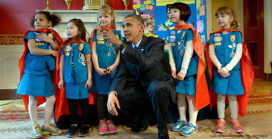President Obama with girls at the 2015 White House Science Fair