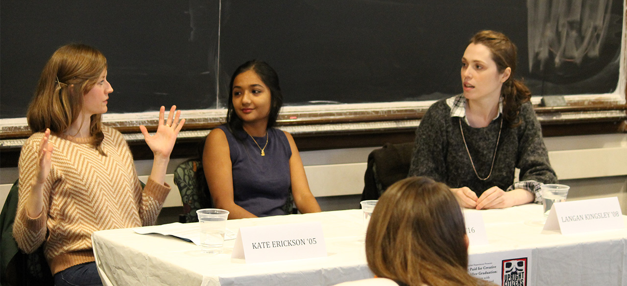 Alumnae Discuss Creative Writing Careers With Students Kate Erickson '05, Langan Kingsley '08 and Broti Gupta '16 engage in a panel discussion about creative writing