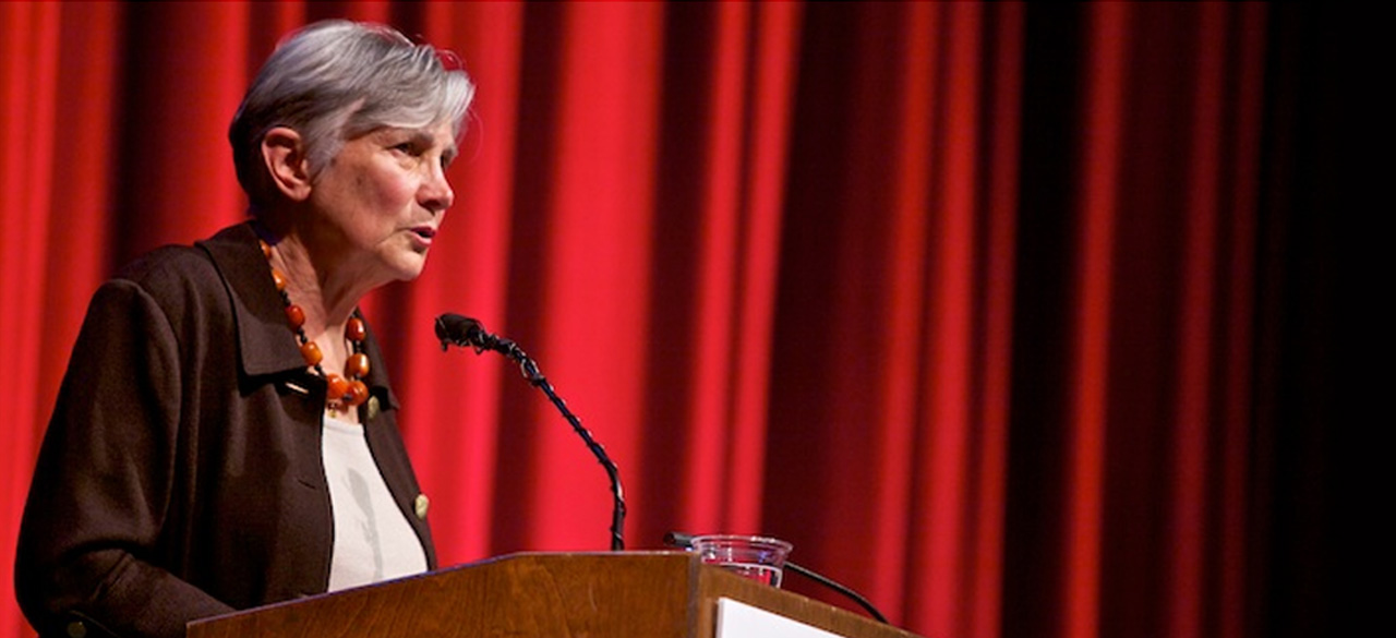 Diane Ravitch ’60 Inaugurates Wellesley Lecture Series on Education Diane Ravitch ’60 speaking on stage in front of a red curtain