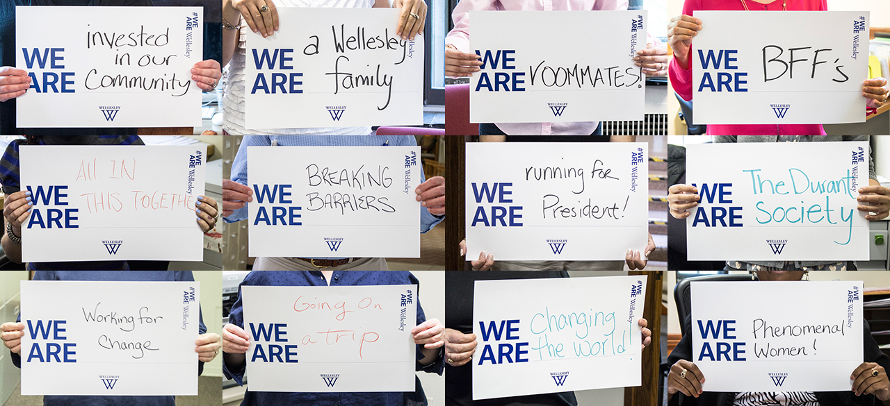 Wellesley Launches 2015 Participation Challenge Signs reading "We are..." completed by ideas defining Wellesley