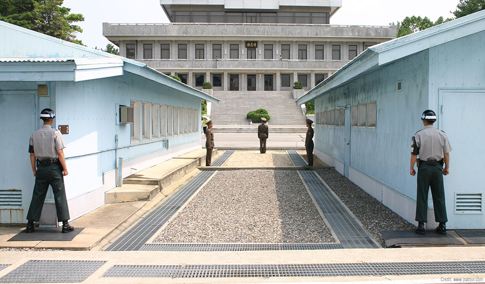 Panmunjom, an abandoned village north of the de facto border between North and South Korea, where the 1953 Korean Armistice Agreement that paused the Korean War was signed.