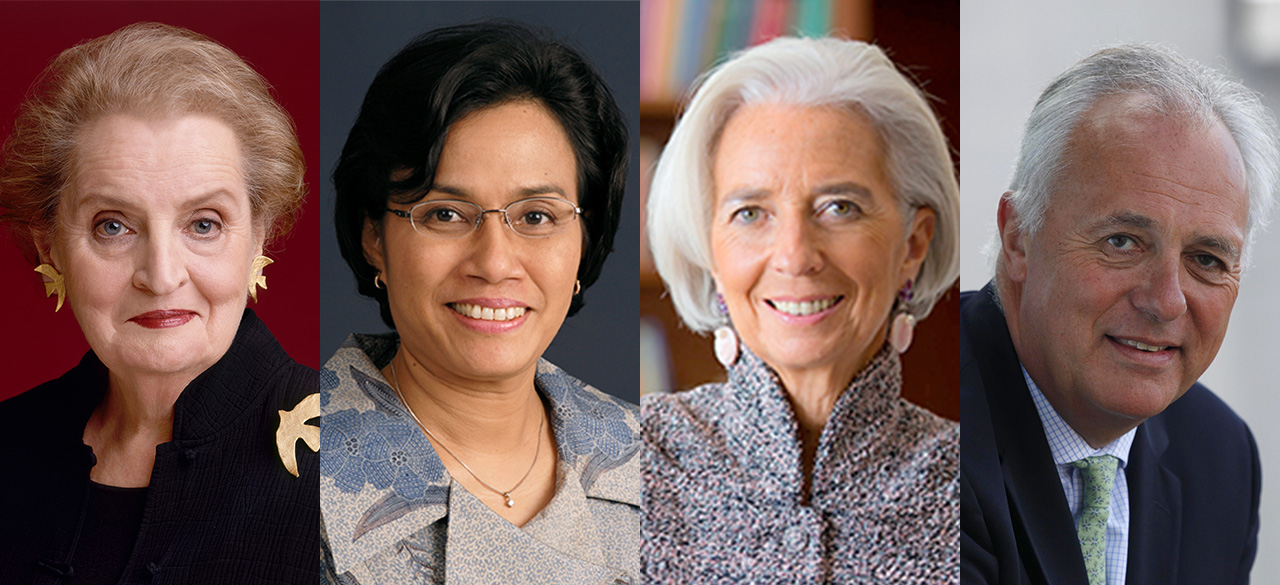 2016 Albright Institute Public Dialogue: “Addressing Global Inequality” Four panel photo includes Madeleine Albright '59, Sri Mulyani Indrawati, Christine Lagarde and Mark Malloch-Brown