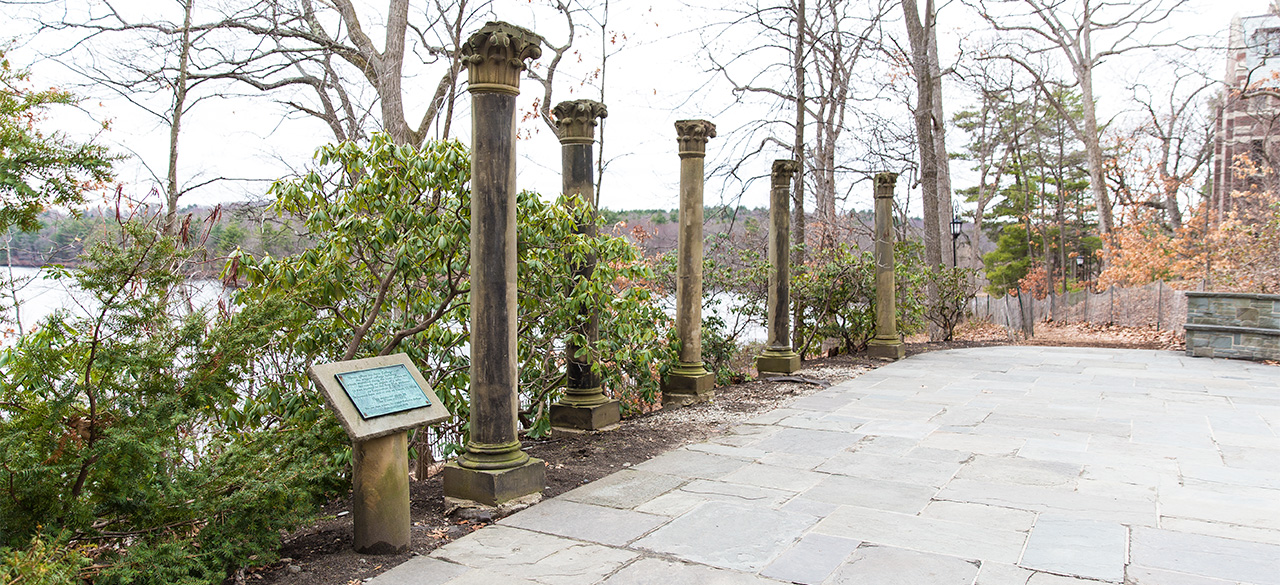 On Founder's Day, Celebrating a Standing Piece of Wellesley's Early History Pillars from Wellesley's old College Hall stand in Tower Court