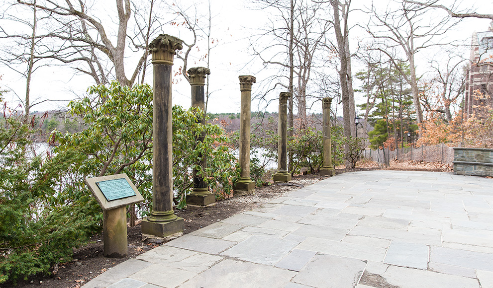 On Founder's Day, Celebrating a Standing Piece of Wellesley's Early History Pillars from Wellesley's old College Hall stand in Tower Court