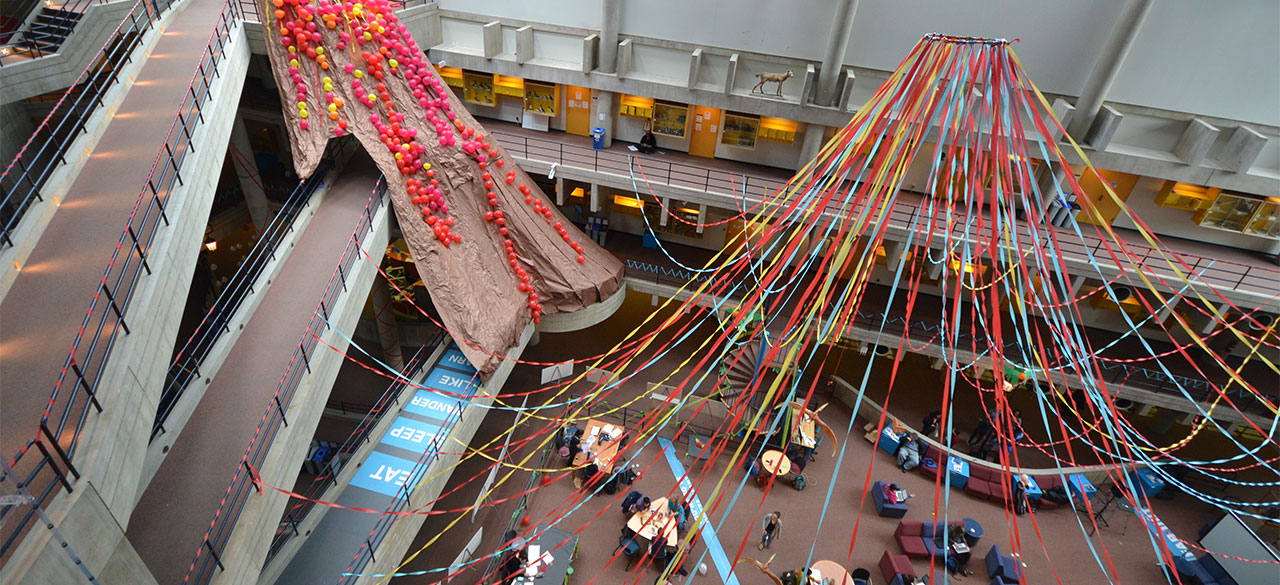 The "First Day" and "Last Day (Almost)" Student Experience Red decorations, for the red class of 2016, decorate the Wellesley College Science Center.