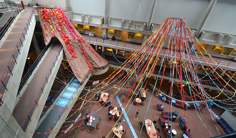 The "First Day" and "Last Day (Almost)" Student Experience Red decorations, for the red class of 2016, decorate the Wellesley College Science Center.