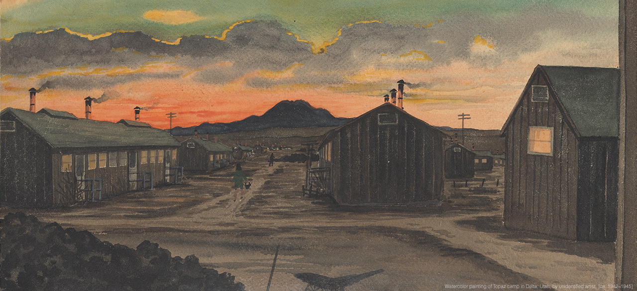 Alumna's Exhibit Explores Life In WWII Japanese Internment Camps A watercolor by an unknown artist depicts the Topaz internment camp in Utah.
