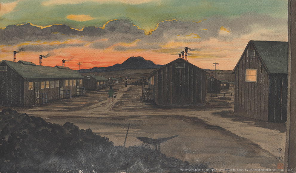 Alumna's Exhibit Explores Life In WWII Japanese Internment Camps A watercolor by an unknown artist depicts the Topaz internment camp in Utah.