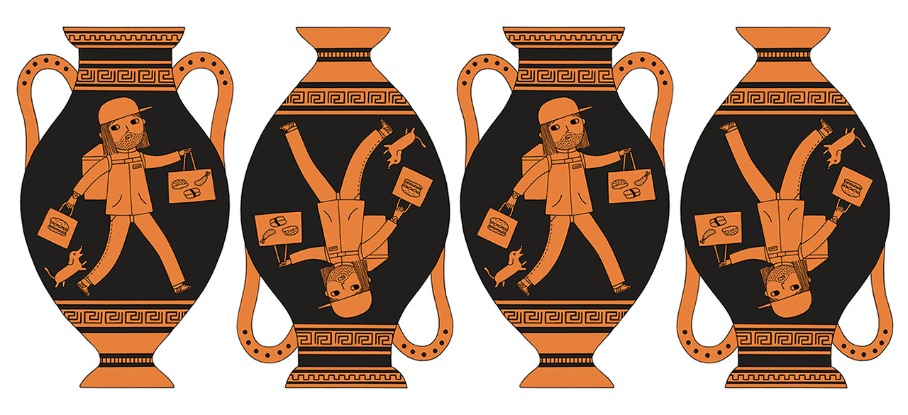 Humor Piece by Recent Grad Published in the New Yorker An orange and black drawing of a Grecian urn with a modern day scene