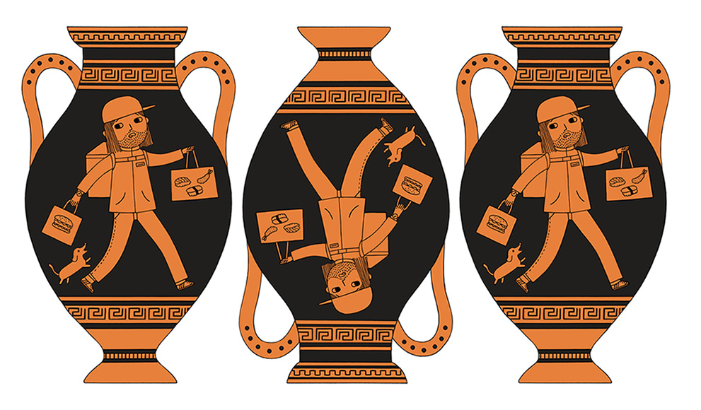 Humor Piece by Recent Grad Published in the New Yorker An orange and black drawing of a Grecian urn with a modern day scene