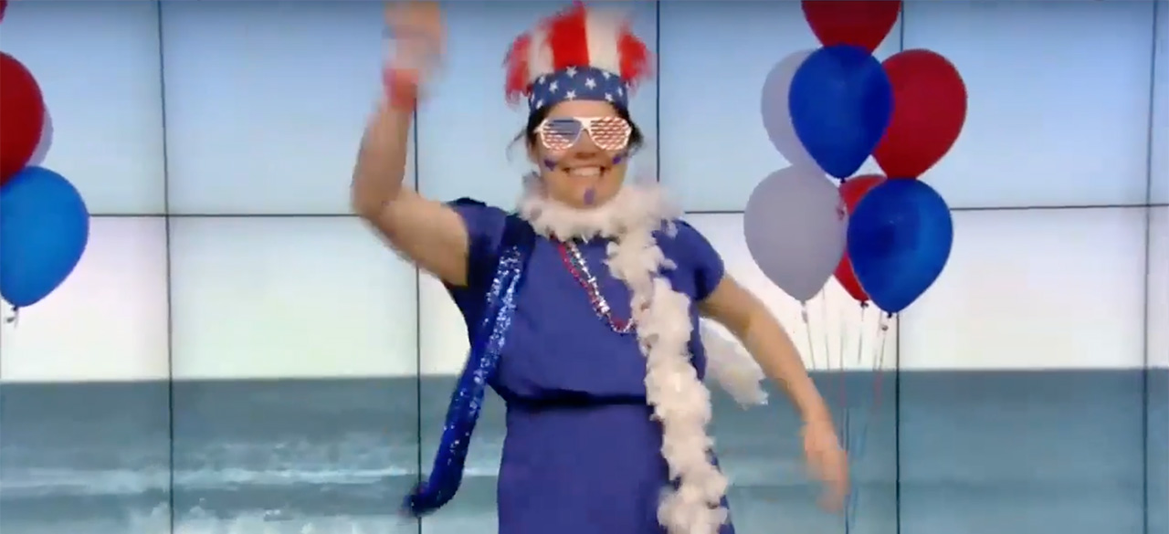 Alumna Competes in Dance Contest on "Live with Kelly" 4th of July Episode Melissa Jo Zambrana '16 dressed in red, white and blue, ready to compete a television Dance Contest