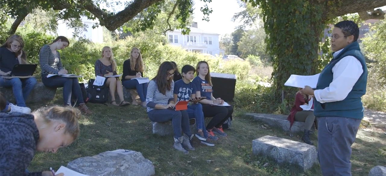 Monica Higgins, lecturer in environmental studies, teaches students outside