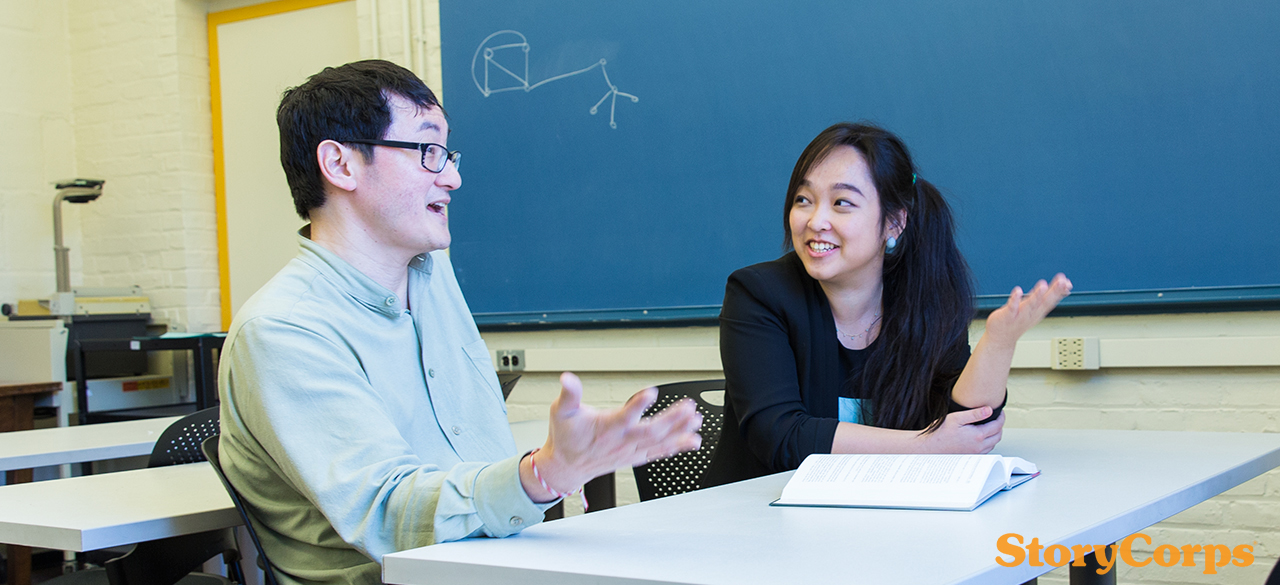 StoryCorps: Xi Xi '17 and Professor Stanley Chang StoryCorps interview subjects Xi Xi '17 and Professor Stanley Chang converse in a Wellesley classroom
