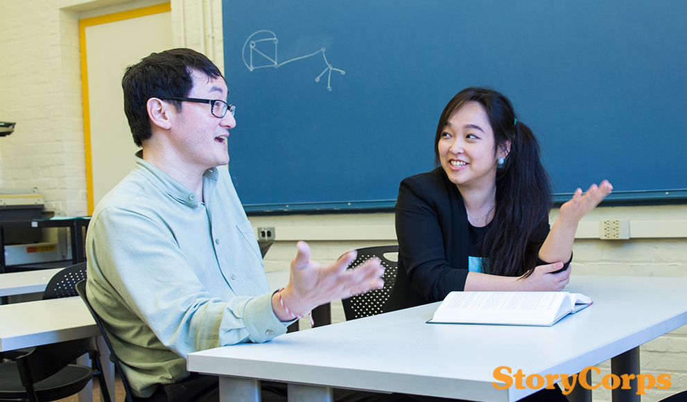StoryCorps: Xi Xi '17 and Professor Stanley Chang StoryCorps interview subjects Xi Xi '17 and Professor Stanley Chang converse in a Wellesley classroom