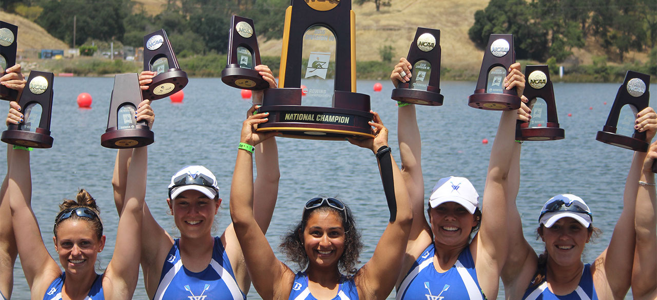 Wellesley Crew Wins NCAA National Championship Wellesley Crew athletes lift their NCAA National Championship trophy