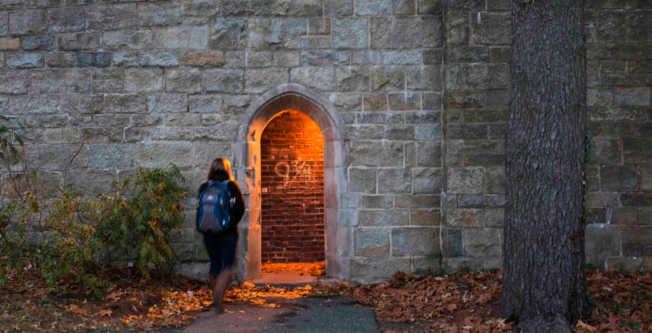 student approaches Platform 9-3/4 at dusk