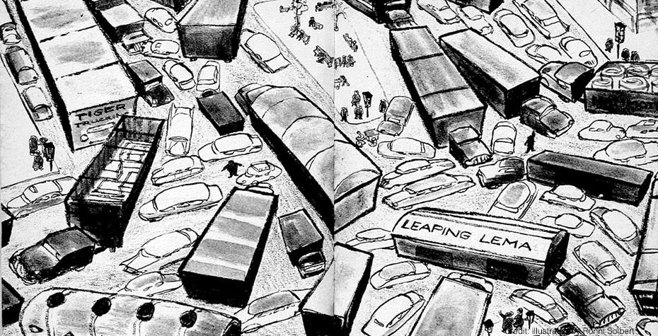 Famed Stories for Youngsters Emerged from Wellesley's Halls pencil drawing of traffic jam from The Pushcart War