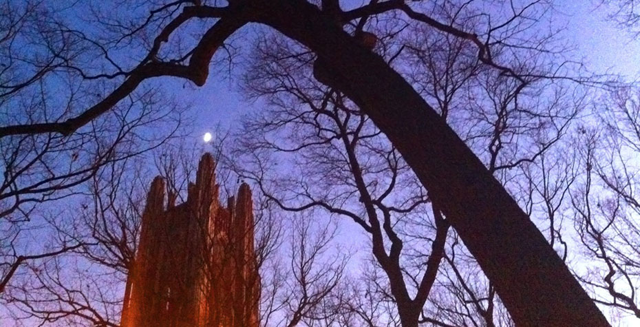 Halloween Spirit at Wellesley moon over Galen Stone Tower in twilight sky with silhouetted trees, by Kat Chen