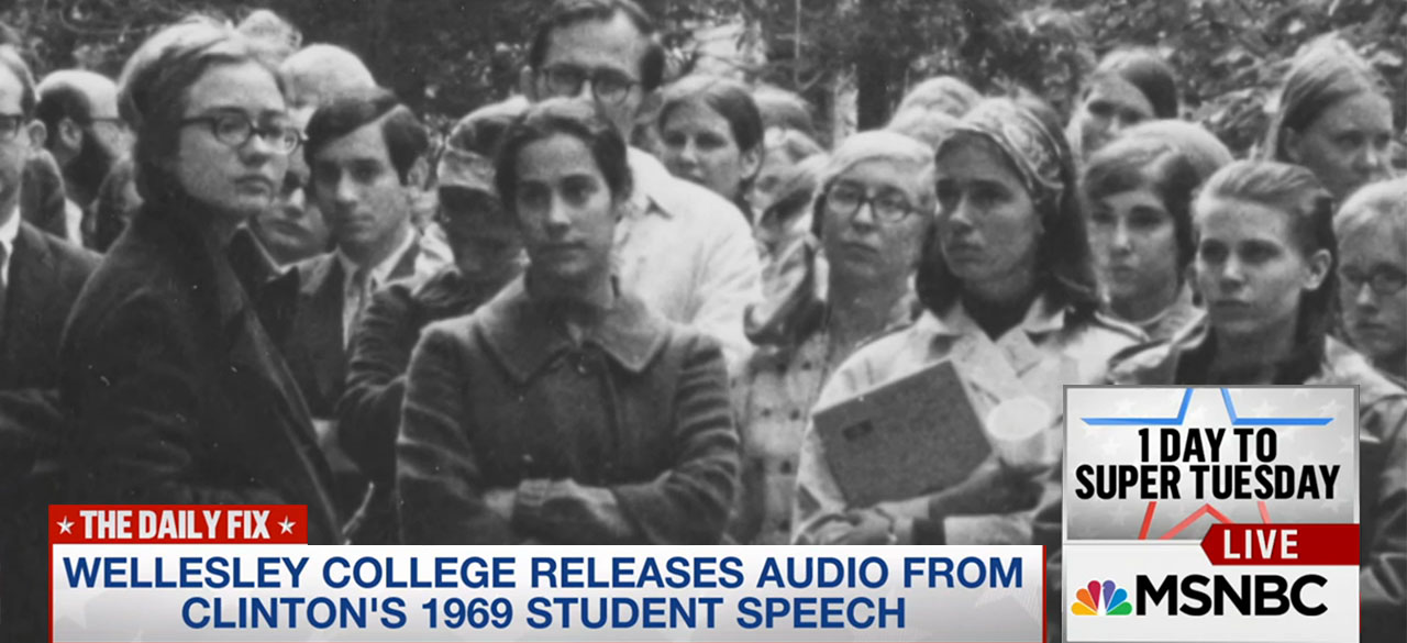 Newly Released Clinton Commencement Speech Generates Extensive Media Coverage Historic photo of Hillary Rodham Clinton '69 as broadcast by MSNBC