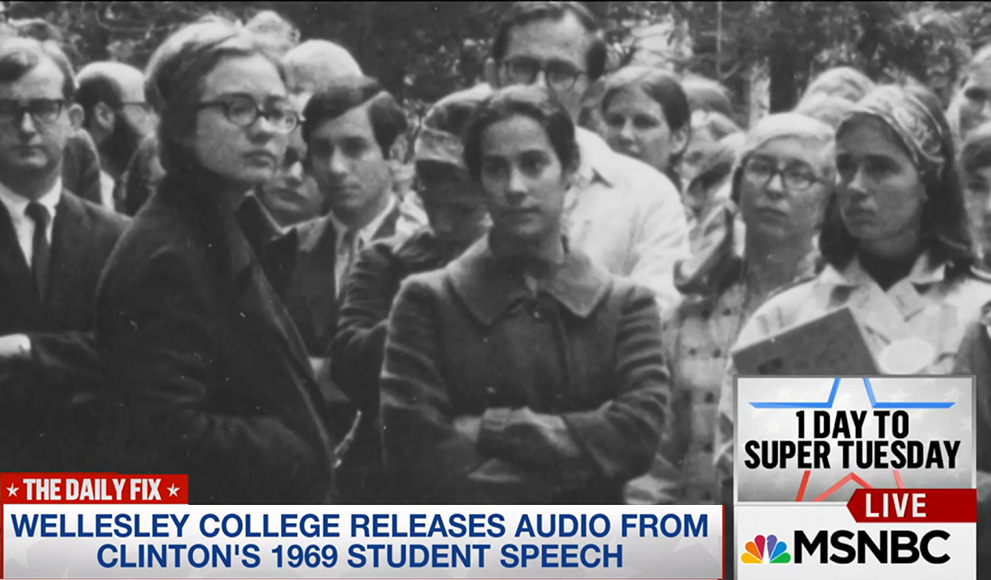 Newly Released Clinton Commencement Speech Generates Extensive Media Coverage Historic photo of Hillary Rodham Clinton '69 as broadcast by MSNBC