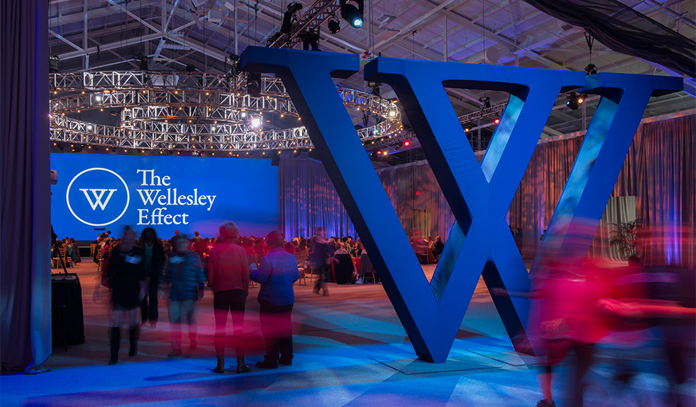 Wellesley Celebrates Campaign Launch With Weekend of Events An interior photo of the Wellesley fieldhouse decorated for the launch of the Campaign for Wellesley