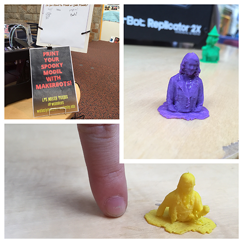 Image collage showing several printed 3D portraits and size comparison with human finger
