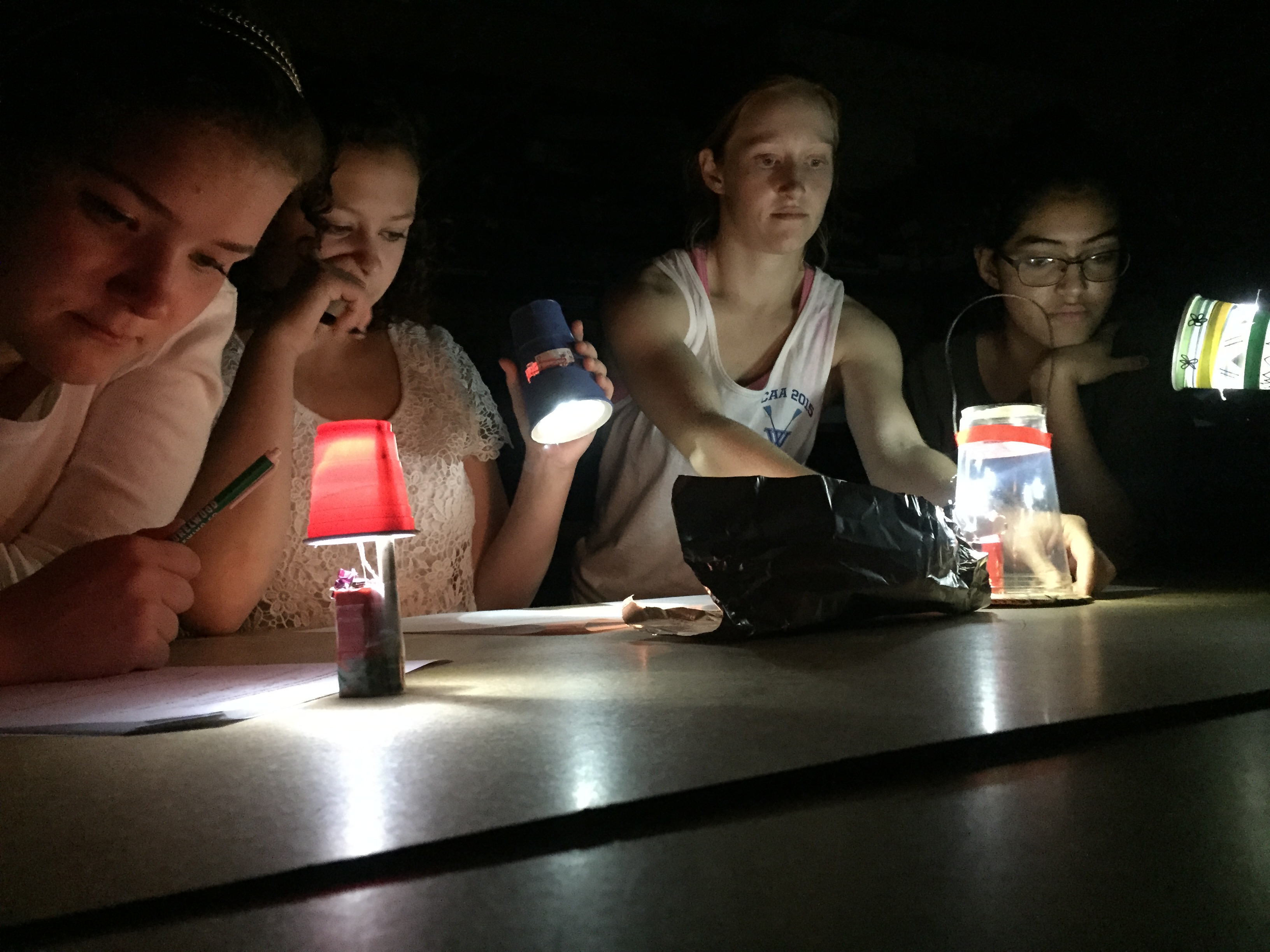 Four Wellesley students using home-made lanterns to work on a quiz