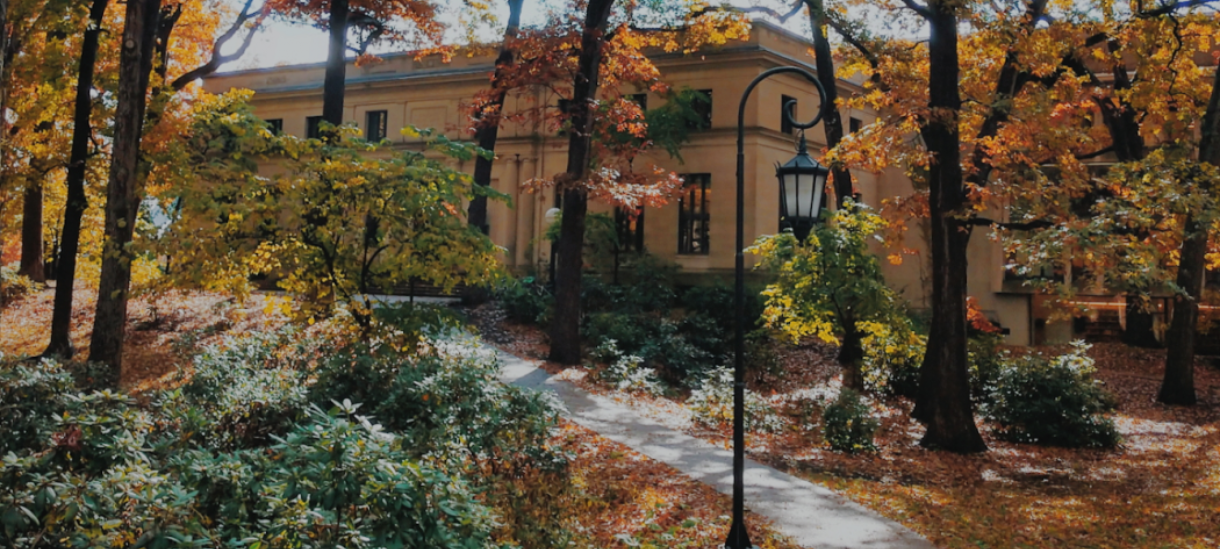 Wellesley College Clapp Library in background, with lamp post, walkway, and foliage in foreground.