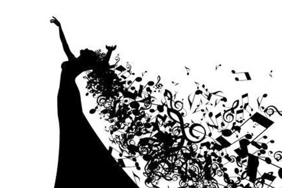 silhouette of opera singer with musical notes cascading down her back