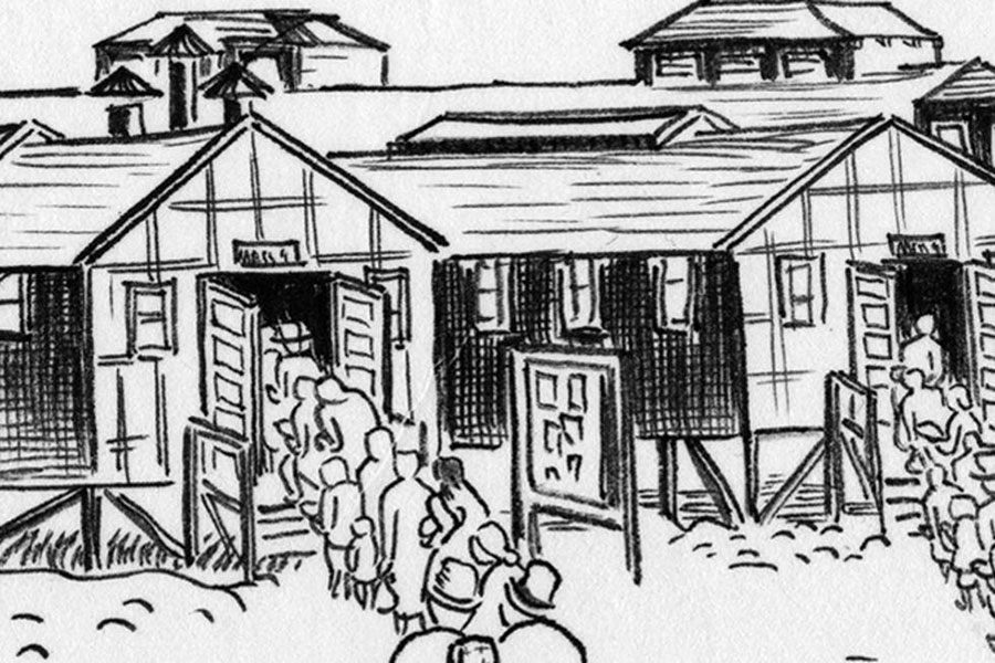 black and white drawing of people waiting in line to enter a building