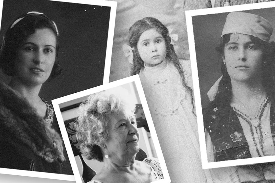 a pile of black and white photos of a woman throughout her life