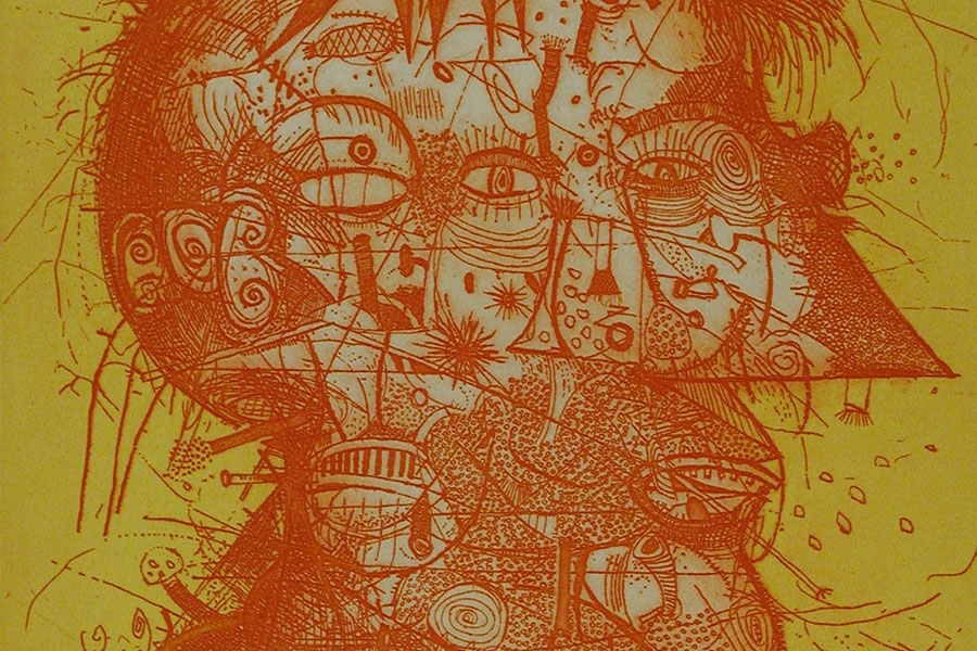 Sergio Gonzalez-Tornero's etching of person's head in red against yellow backdrop