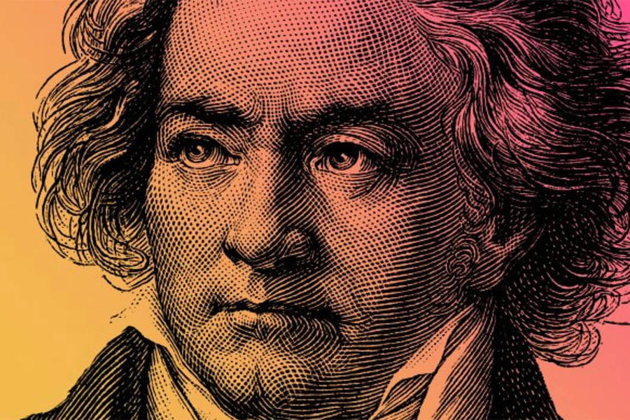Ludwig van Beethoven on a pink and yellow background