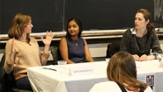Alumnae Discuss Creative Writing Careers With Students Kate Erickson '05, Langan Kingsley '08 and Broti Gupta '16 engage in a panel discussion about creative writing