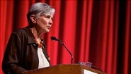 Diane Ravitch ’60 Inaugurates Wellesley Lecture Series on Education Diane Ravitch ’60 speaking on stage in front of a red curtain