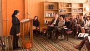 Faculty and staff gather to listen to remarks at the signing a partnership agreement between Wellesley College and Ashoka University 