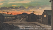 A watercolor by an unknown artist depicts the Topaz internment camp in Utah.
