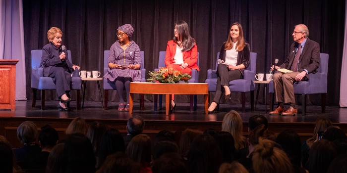 A Very Wellesley Weekend Brings Reunions of All Kinds A panel of students sit with Madeleine Albright on stage.