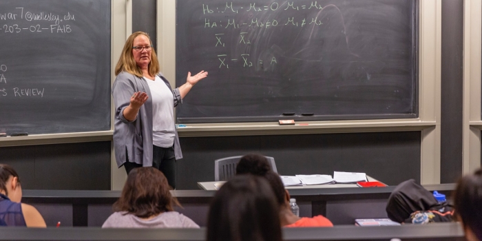 Wellesley and Northwestern Researchers Publish Report on Effects of Work Requirements on SNAP and Medicaid Recipients Professor Kristin Butcher teaches an economic class.
