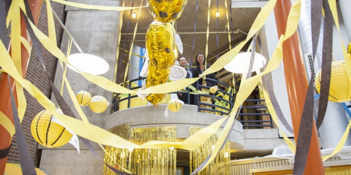 Yellow Class of 2019 Makes Its Final Mark with Traditional Senior Prank Two students look down on a section of the science center that was decorated in yellow streamers.