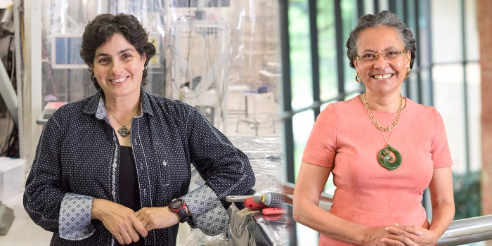 Wellesley Honors 2018 Alumnae Achievement Award Recipients Camara Jones and Negris Mavalvala stand posed, looking into the camera