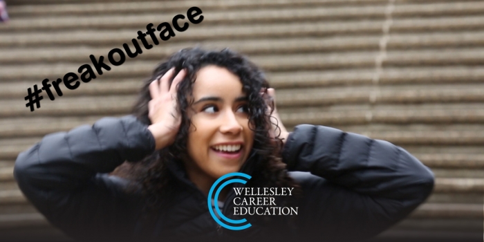 Wellesley Launches Innovative New Website for Career Exploration Wellesley student Natalie Catalan '18 stands by a staircase near Wellesley's academic quad with a look of panic in her eyes