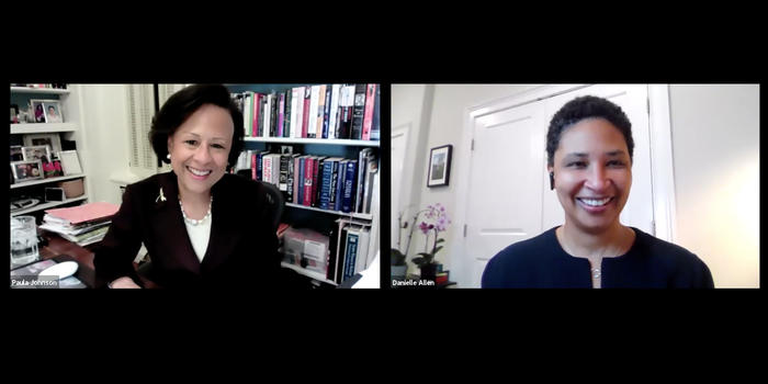 Harvard Professor Danielle Allen and Wellesley President Paula Johnson Discuss What’s Next For Democracy paula johnson and danielle allen talk over zoom