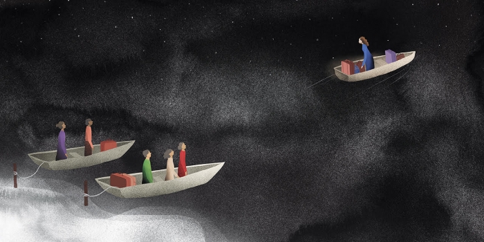 Immigrant Journeys: How Six Alumnae Came to the United States to Build New Lives An illustration of people sitting in three boats on a dark ocean.