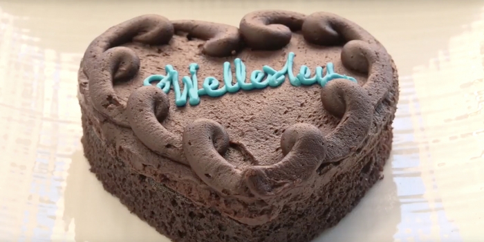 On National Cake Day, Bake Wellesley’s Traditional Fudge Cake! Wellesley Fudge Cake made in the shape of a heart.