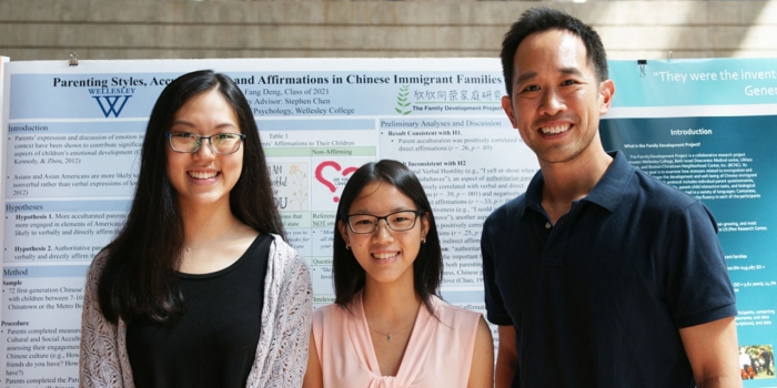 Wellesley Psychology Professor Finds that Culture and Status Relate To How Parents Express Emotions to Children A professor stands in front of a poster with two students. The poster talks about their study.