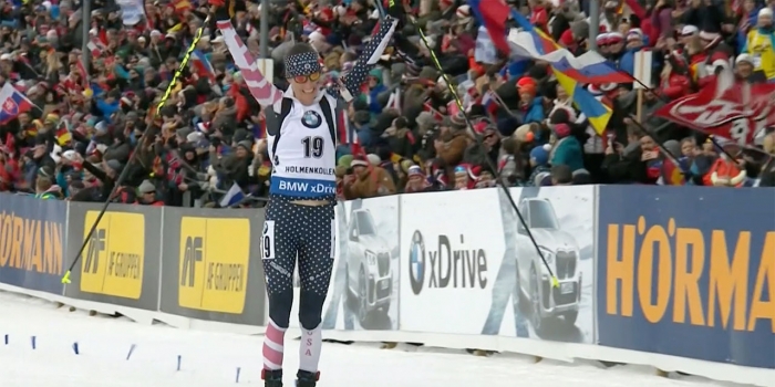 Clare Egan ’10 Places Third in Biathlon World Cup Clare Egan skis into the finish line.