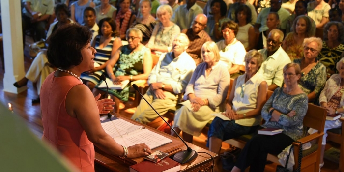 Freedom of Expression Was the Focus When President Paula A. Johnson Led the Independence Day Service at Union Chapel President Johnson speaks at Union Chapel