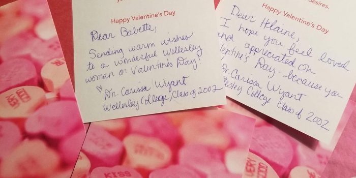 Wellesley Alumnae Exchange Valentine’s Day Greetings Two valentines cards with writing.
