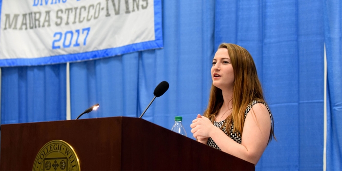 Wellesley Blue Nation Unites for a Very Wellesley Weekend Maura Sticco-Ivins '18 speaking at podium